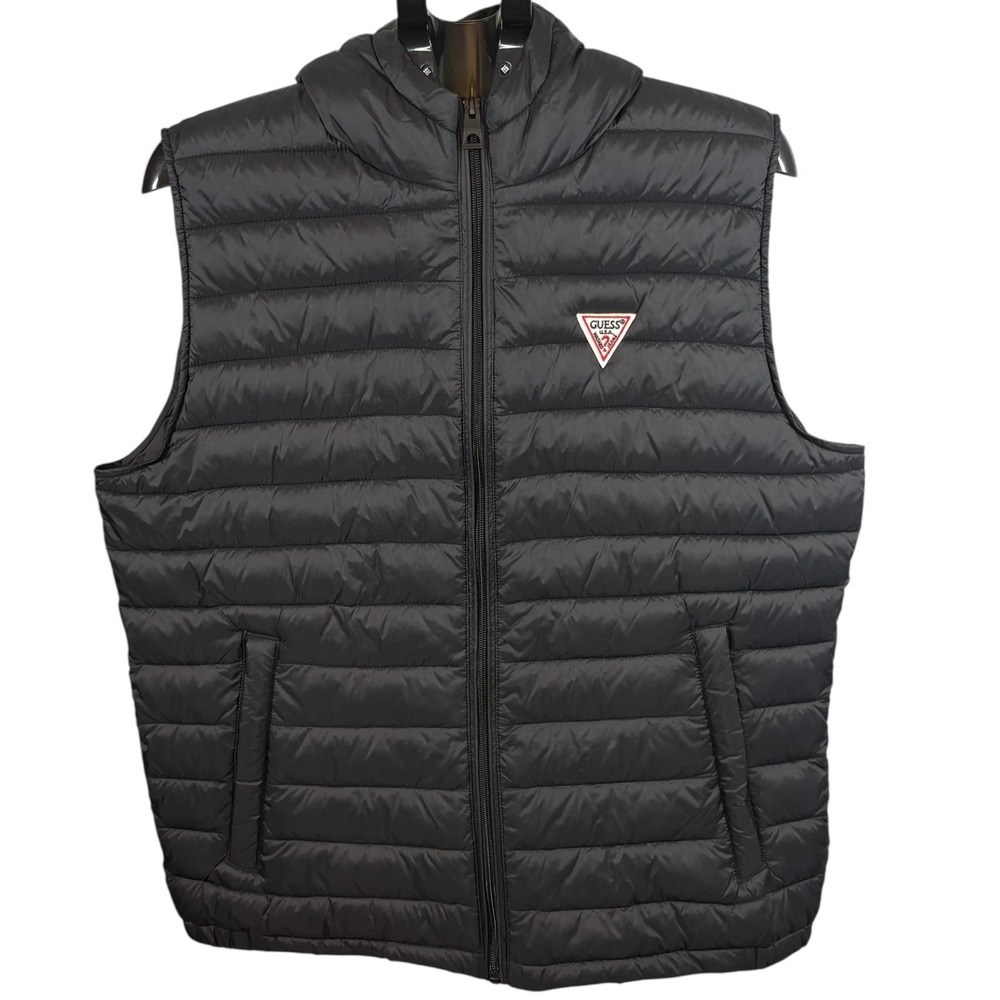 Guess‎ Mens Puffer Vest Black Hooded Quilted Sleeveless Jacket 119RN070 Large